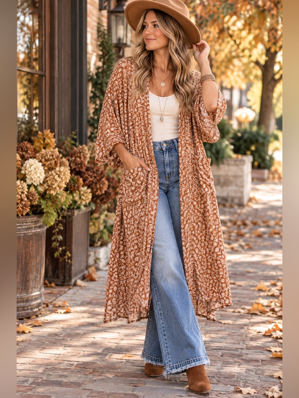 Carly Jean LA Rust Floral Boho Kimono Duster Cardigan Size S